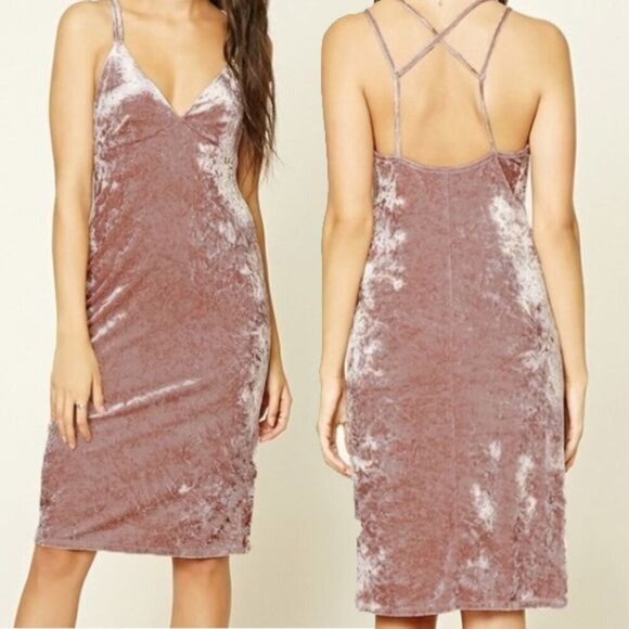 Forever 21 Women M Crushed Velvet Slip Dress Blush Pink Crisscross Back Cocktail - Picture 1 of 8